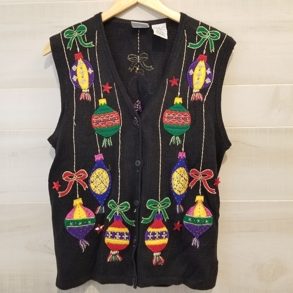 {S} Christmas Ornaments Sweater Vest Beaded Embroidered Holiday Season - Picture 1 of 13